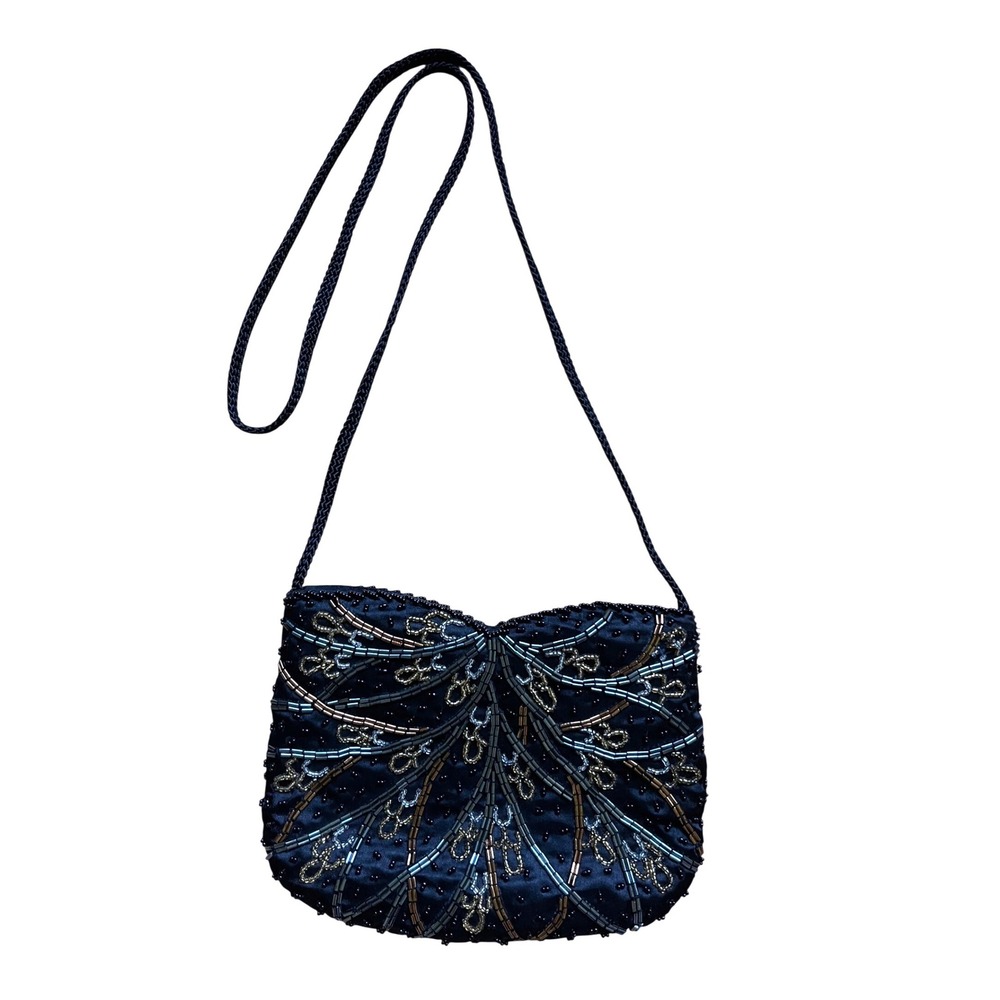 Black Beaded Art Deco Fan Evening Bag Crossbody‎ Gold Silver Bronze